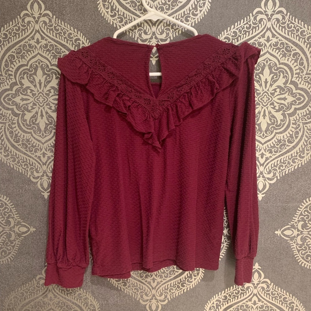 J. Crew Deep Red Ruffle Blouse - Picture 2 of 3